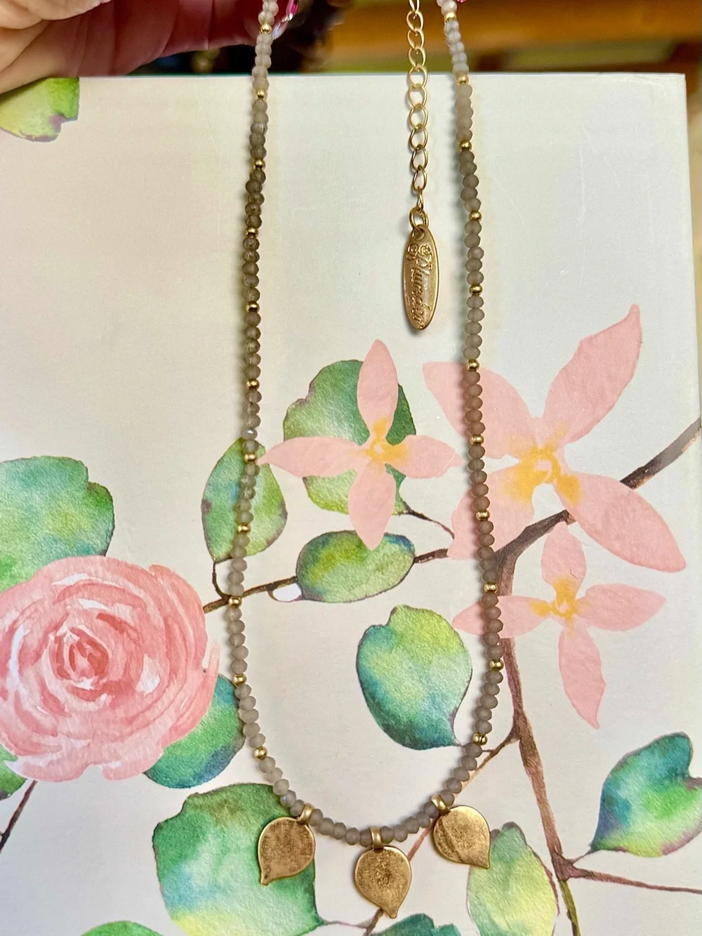 Plunder Beaded Gray Necklace w/ Antique Gold Leafy Charms New